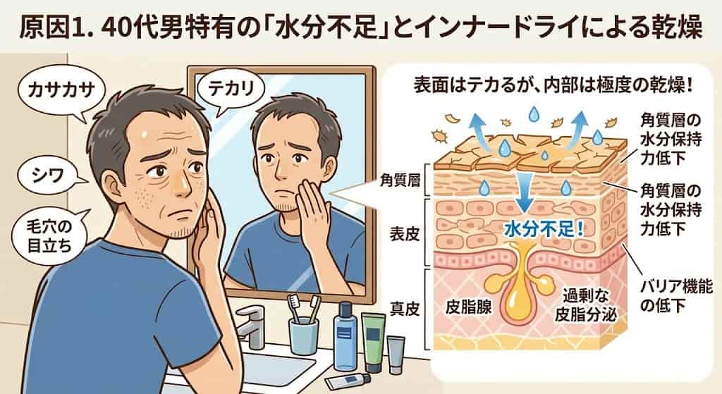 原因１．40代男特有の「水分不足」とインナードライによる乾燥の説明イメージ画像