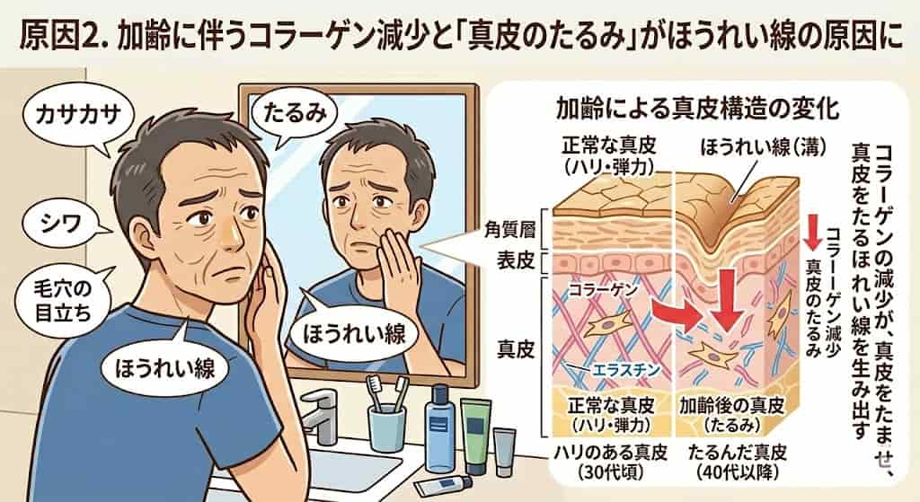 原因2. 加齢に伴うコラーゲン減少と「真皮のたるみ」がほうれい線の原因の説明画像